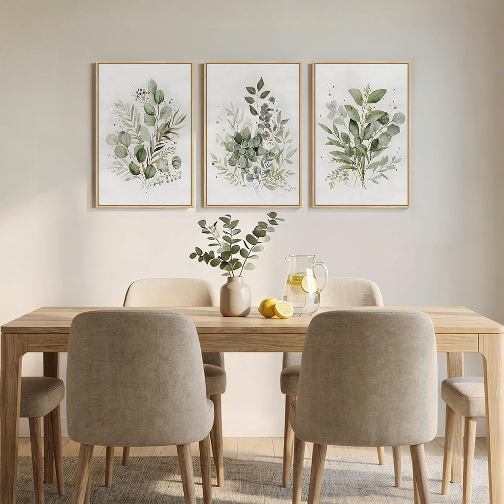 Framed Botanical Wall Art , 3 Piece Neutral Sage Green Eucalyptus Leaf Canvas Prints, Modern Minimalist Watercolor
