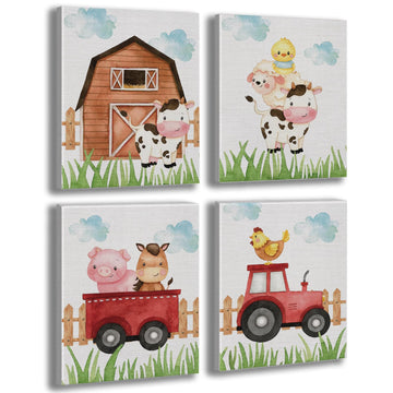 Watercolor Farmhouse Nursery Decor Canvas Wall Art Farm Cute Animal Chicken Cow Pig Wall Decor Artwork Poster Prints