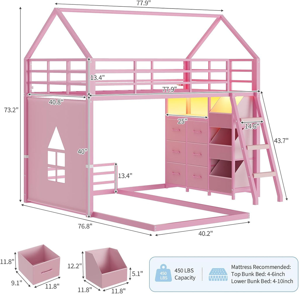 Bunk Bed Twin Over Twin with 6 Storage Drawers and 3 Open Bins, House Bunk Bed with LED Lights