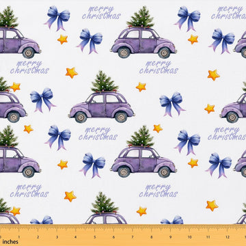 Purple Car Fabric by The Yard, Watercolor Christmas Car Polyester Fabric, Rustic Trees Plants Fabric Panels, Kawaii