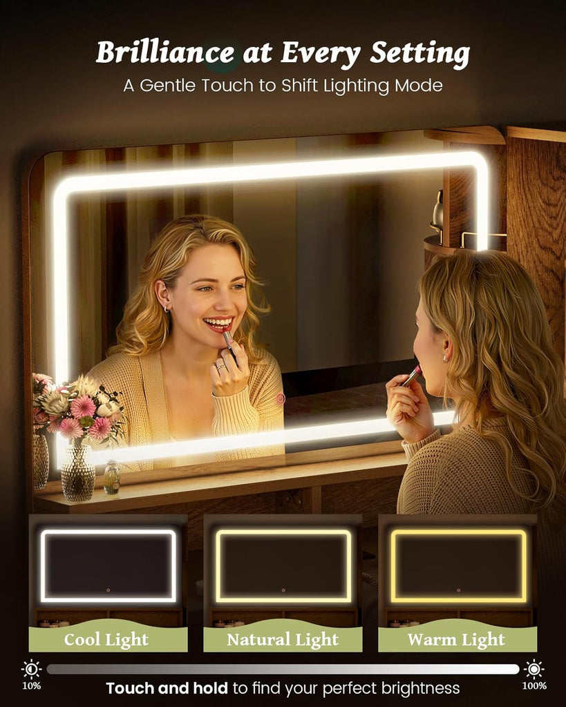 47" Makeup Vanity Desk with LED light and HD mirror, Walnut vanity table | 360 Rotating Storage Shelf, 28" Custom