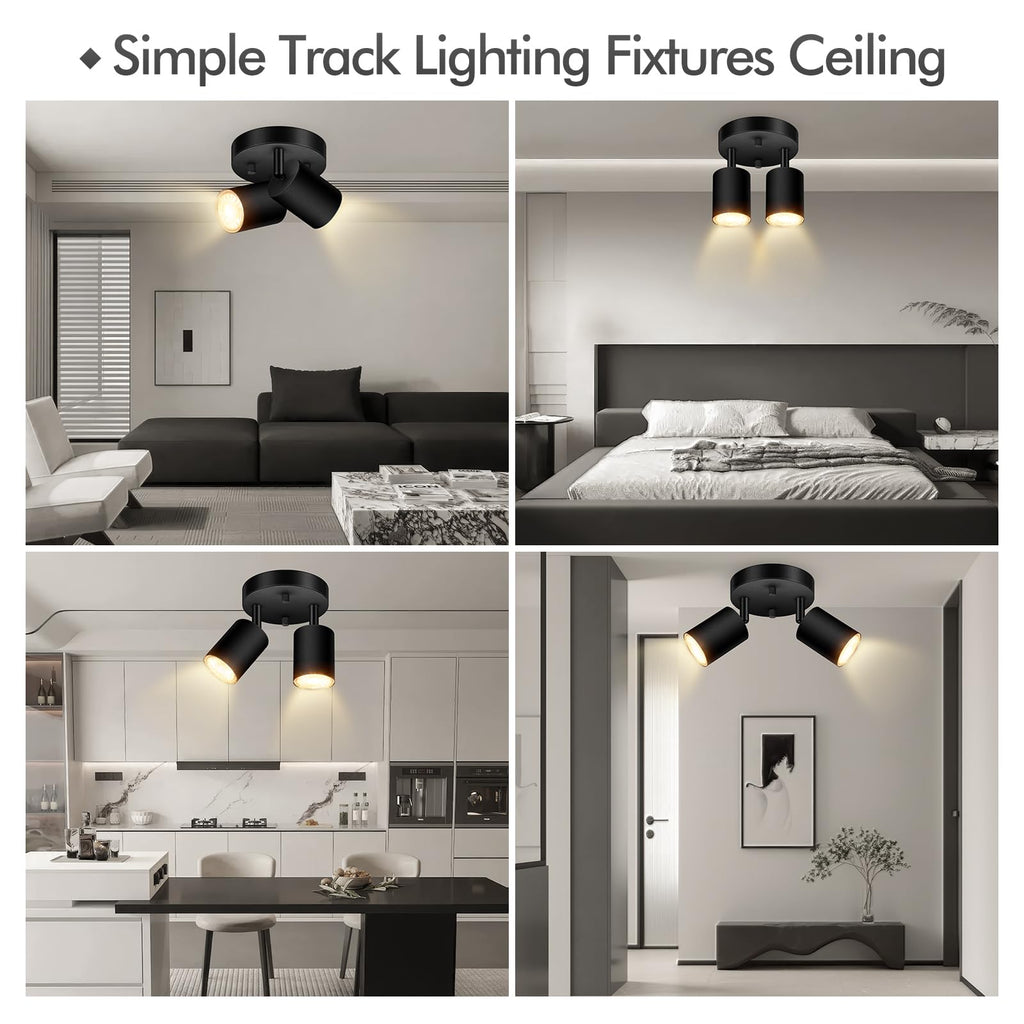 2 Light Track Lighting Fixtures Ceiling, Matte Black Round Directional Ceiling Spotlight, GU10 Flush Mount Track