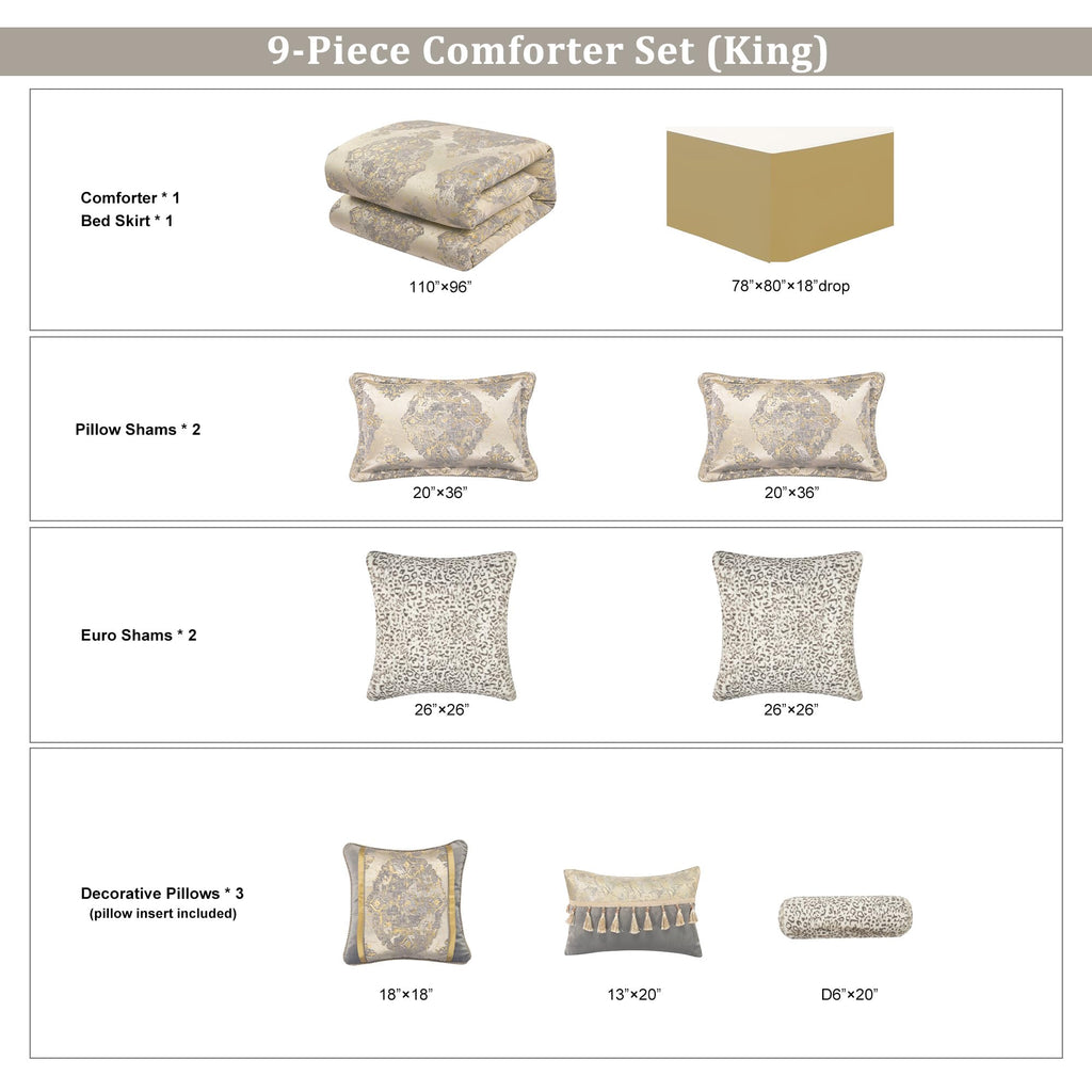 9-Piece Elegant Jacquard Comforter Set, Beige