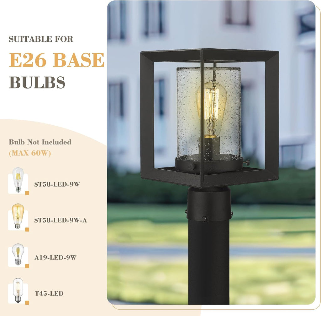 Post Lights Outdoor Fixture, 1-Light Lamp Post Lantern, Black Finish, Seeded Glass, 2083P BK