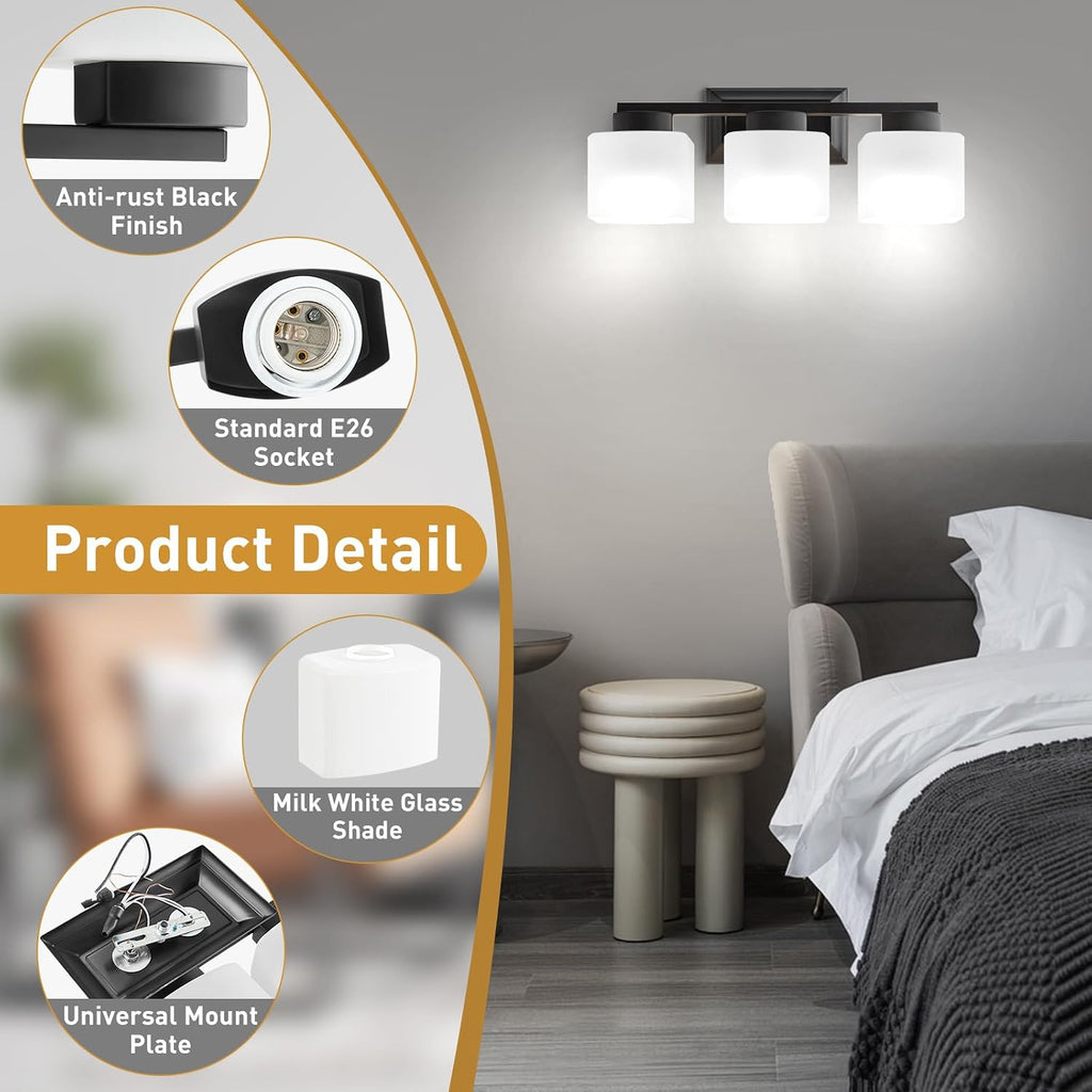 3-Light Bathroom Light Fixtures - Black Bathroom Vanity Lights with Frosted Glass Shade Modern Bathroom Lighting