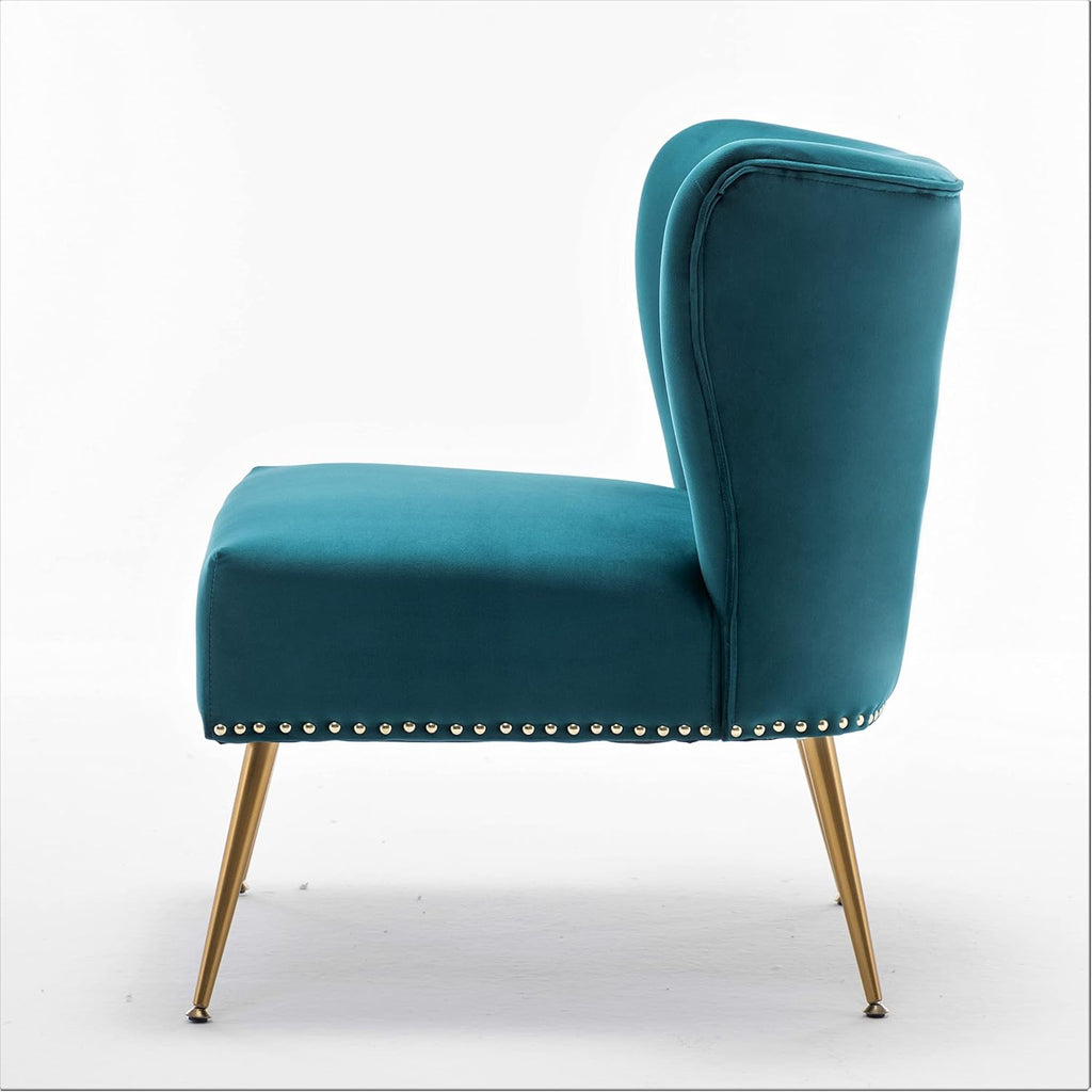Thia Armless Velvet Accent Chair , Elegant Seat with Nailhead Trim, Gold Metal Legs and Comfortable Curved Back, 28"