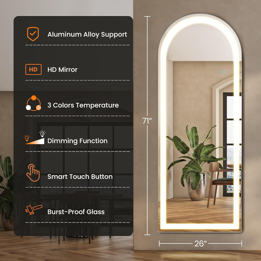 71" x 26" Arched Full Length Mirror with LED Lights, Floor Mirror with Stand, Full Length Body Floor