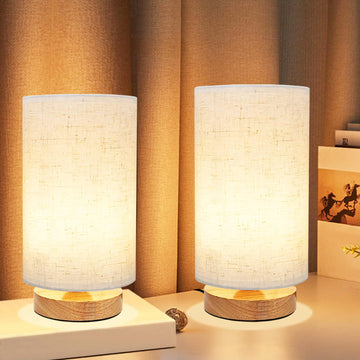 Small Bedside Table Lamp set of 2, Minimalist Wood Base & Round Fabric Shade, Mini Cute Cozy Warm Nightstand Boho Lamp