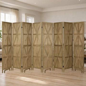 8 Panel Wooden Room Divider, 67" Tall Folding Privacy Screen, Natural