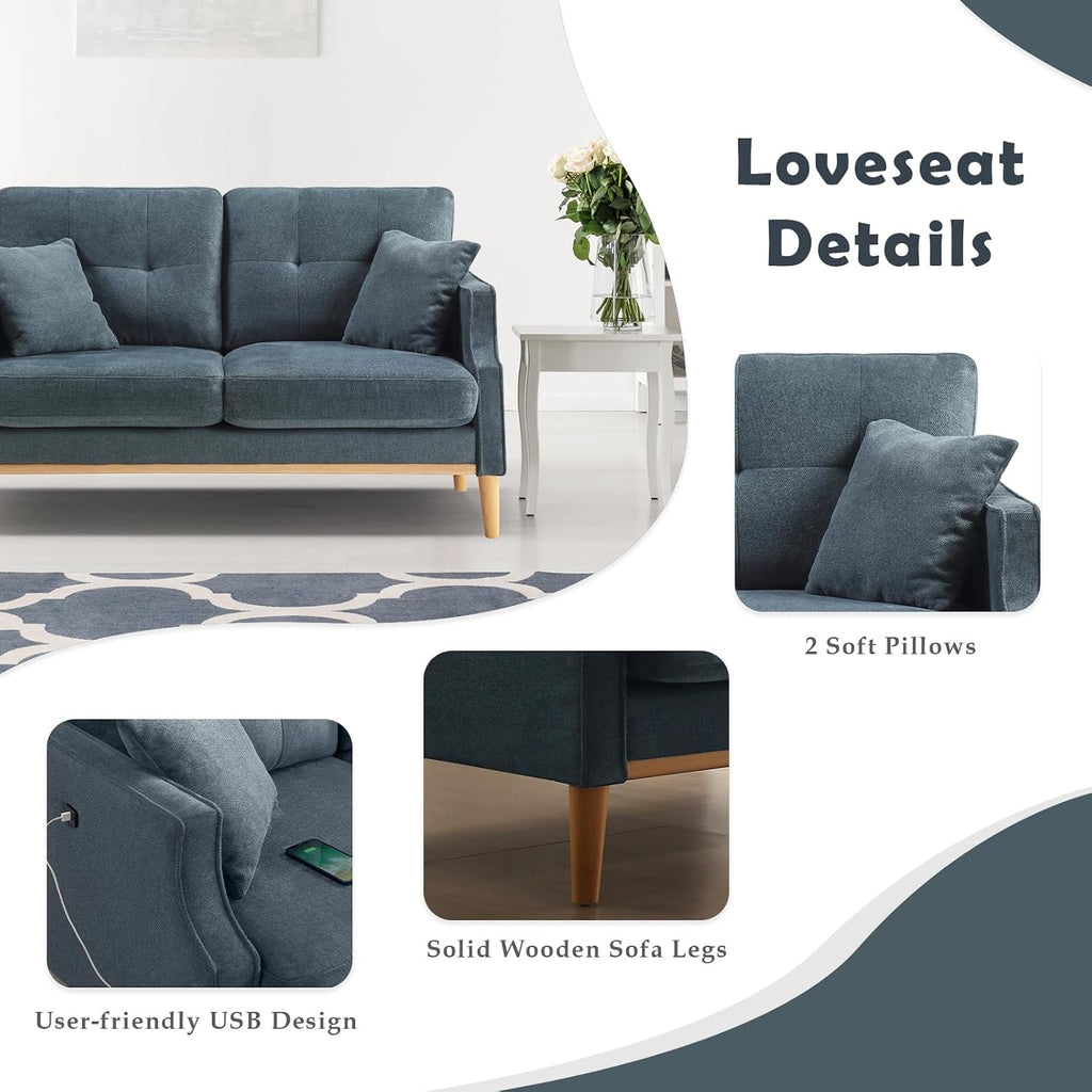 56.7" Loveseat Sofa Small Couch Fabric Upholstered 2-Seat Sofa with USB Port for Small Place, Apartment, Living