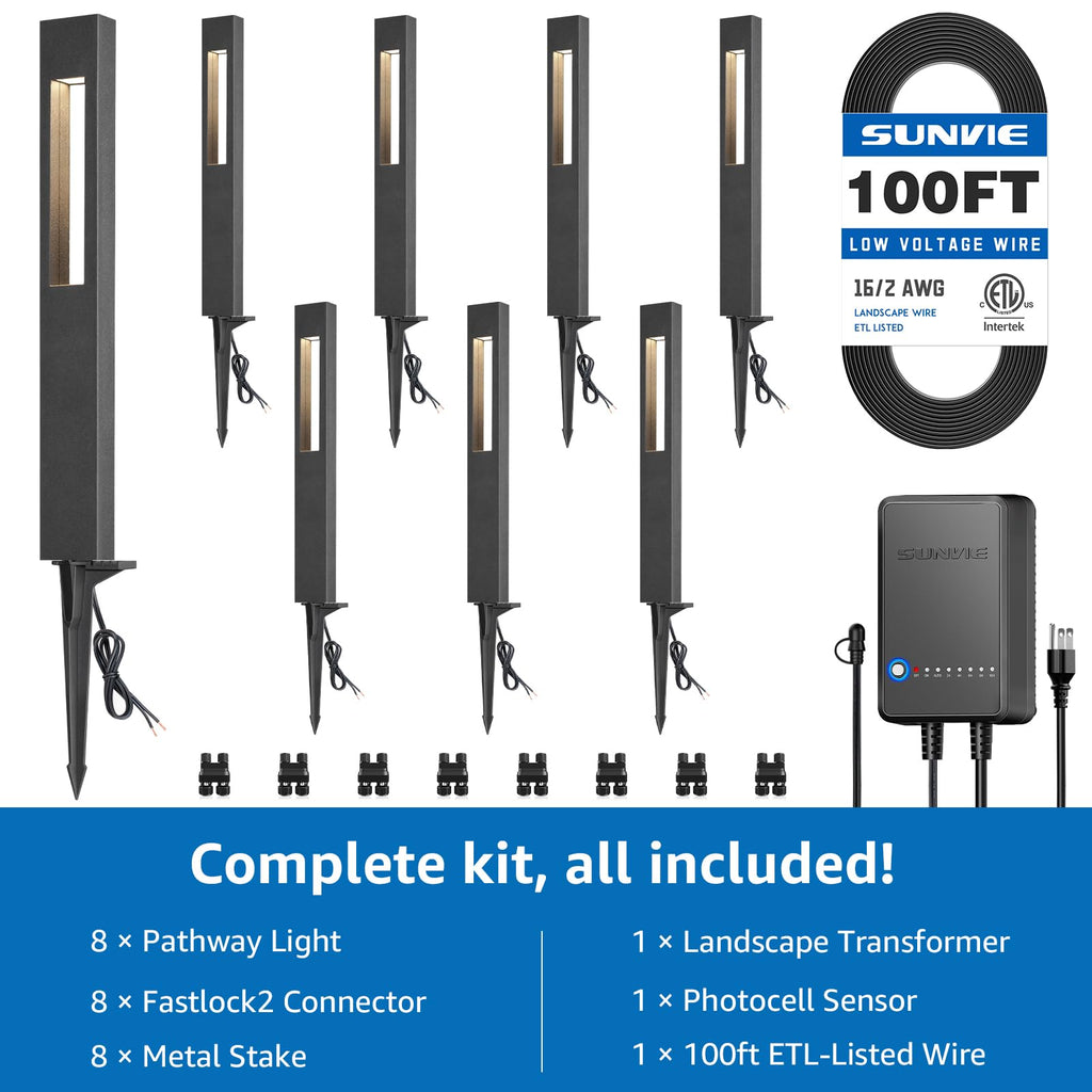 All-In-One LED Low Voltage Landscape Lighting Kit, 8-Pack Pathway Lights with Transformer and 16/2 AWG Wire