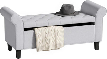 47" Ottoman wih Storage End of Bed Bench with Rolled Arms Light Gray | Storage Chest, Safety Hinge, Wooden Legs