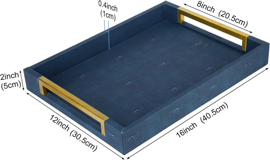 Faux Leather Serving Tray with Gold Metal Handles, Stylish Decorative Tray Organizer for Coffee Table, Ottoman, Home