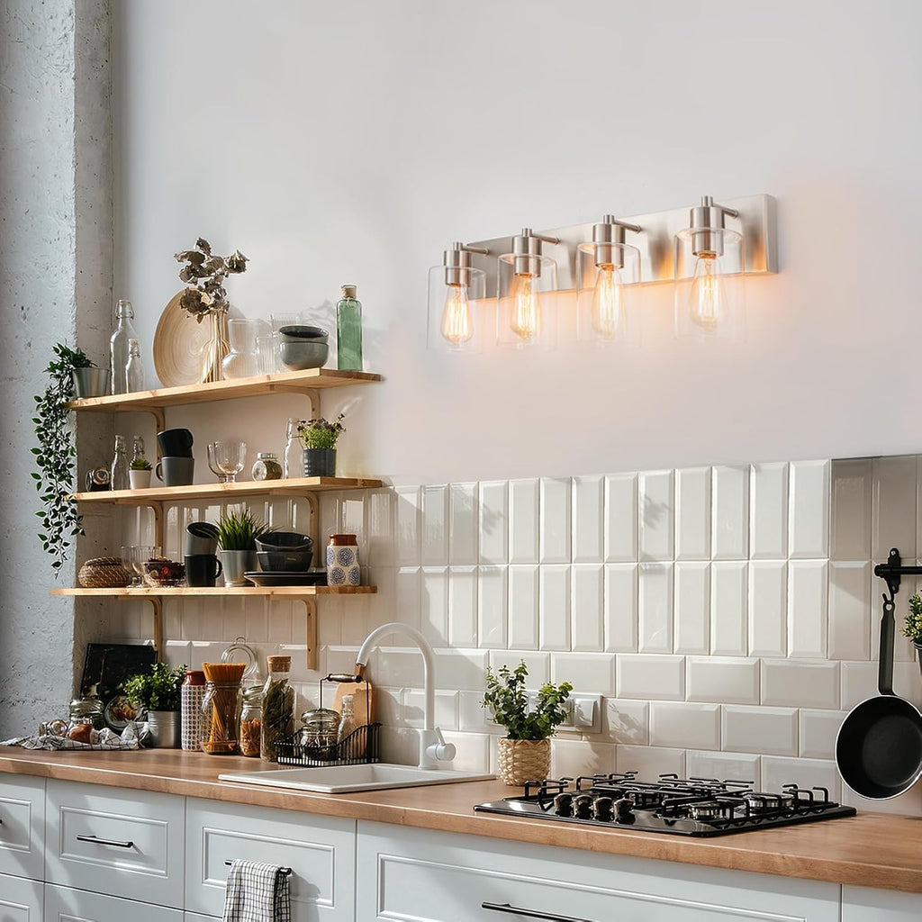 4-Light Bathroom Vanity Light Fixtures, Modern Bathroom Light Fixture with Clear Glass Brushed Nickel Finish Vanity