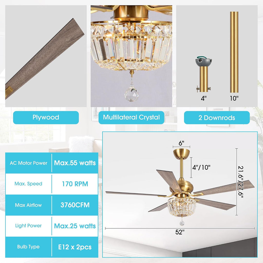 Gold Ceiling Fans with Lights and Remote 52 Inch Crystal Chandelier Ceiling Fan