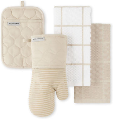 Quilted Cotton Terry Cloth Oven Mitt, Pot Holder, Kitchen Towel 4-Pack Set, Heat Resistant, Silicone Grip, 16"x26"