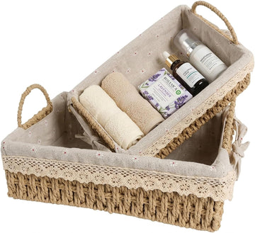 Rectangular Wicker Basket 2-Pack, Small Storage Baskets with Liner | Handwoven paper rope on metal frame. Removable