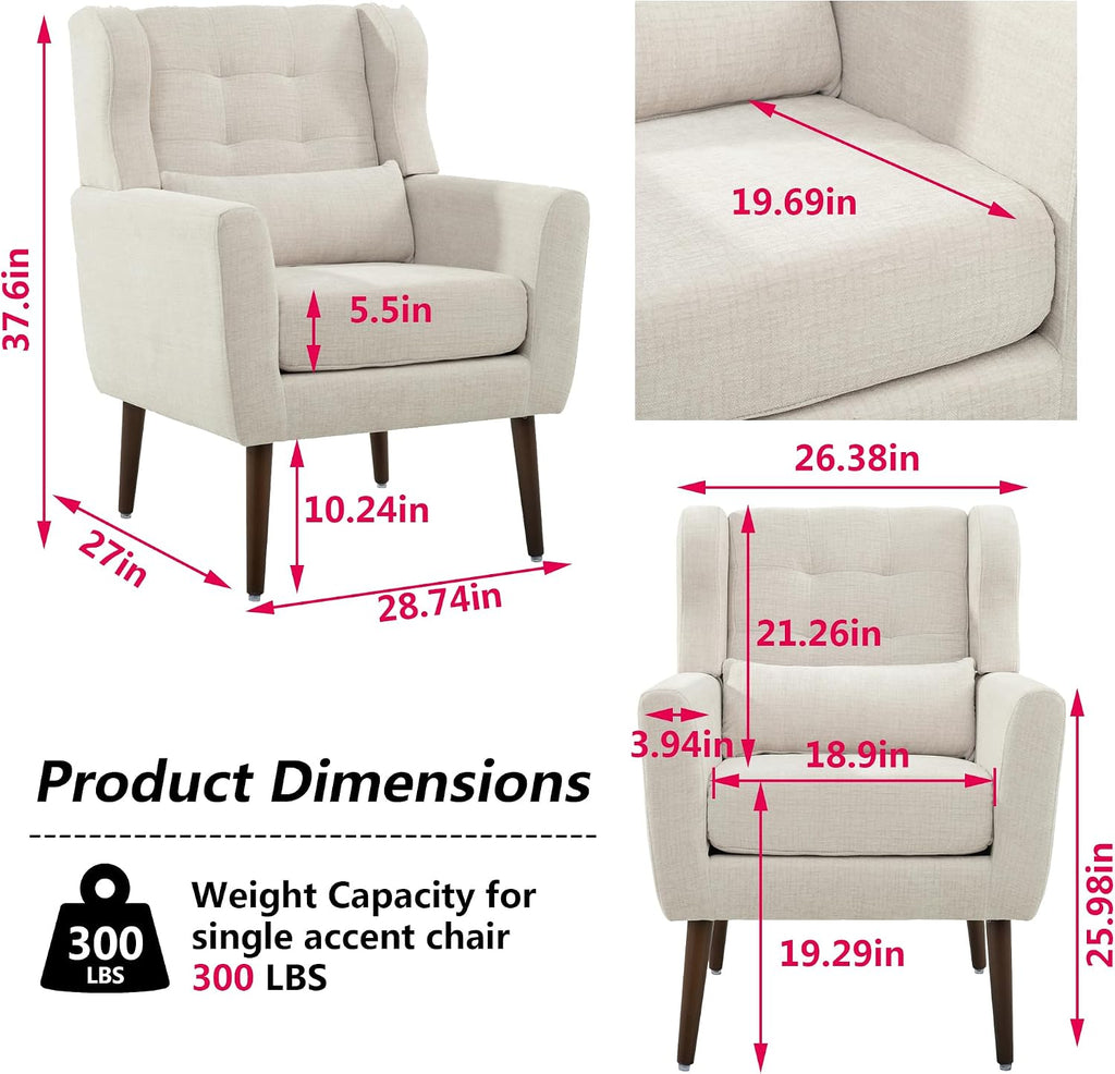 Modern Accent Chair Chenille Fabric Upholstered Tufted Side Wingback Chair,Mid Century Reading Armchair with Waist
