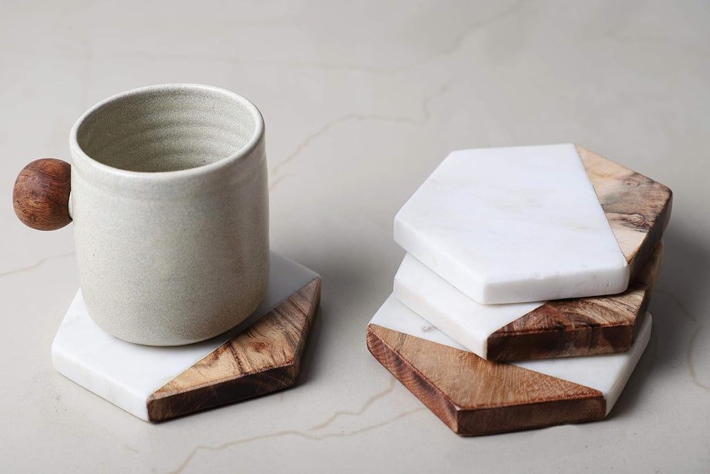 Marble & Mango Wood Coasters Handcrafted Geometric White Marble Coasters for Drinks, Wine Glasses - Set of 4