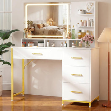 Vanity Desk with LED Lights Mirror, Makeup Vanity with Storage Drawers and Shelves, Modern Dressing Table for Women