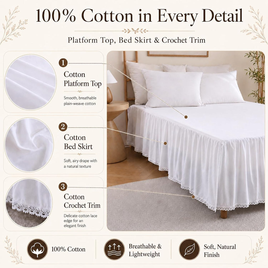 White Bed Skirt Full, 21-Inch Drop, 100% Cotton, Split Corners | Crochet trim dust ruffle in lightweight cotton;
