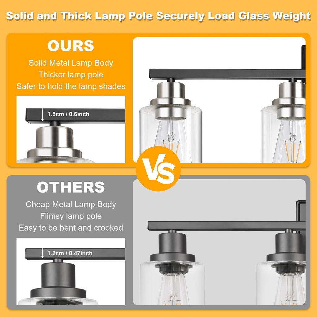 Modern Bathroom Light Fixtures, 4 Light Vanity Lights Over Mirror, Black and Brushed Nickel Wall Lamp with Clear