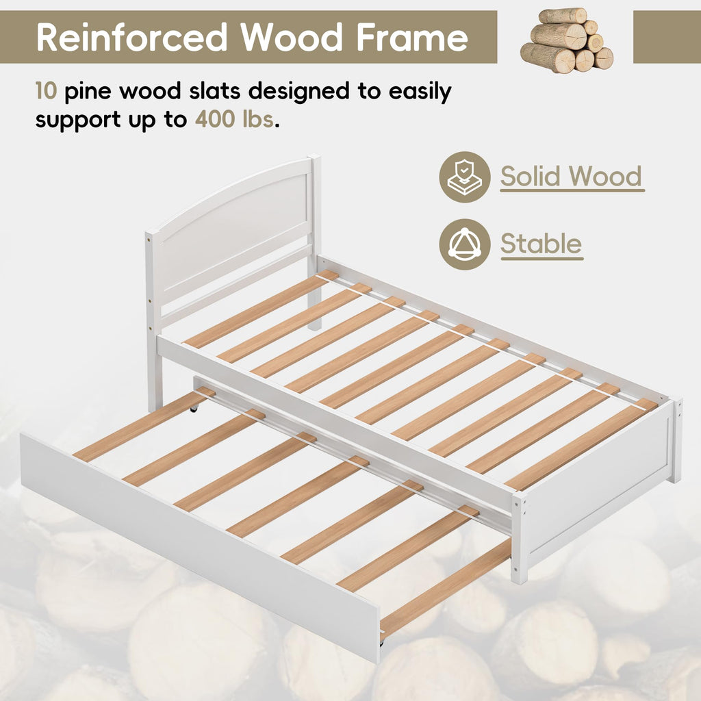 Twin Trundle Bed, Solid Wooden Pull Out Bedframe, Extendable Day Bed with Headboard and Soild Wood Slats Support