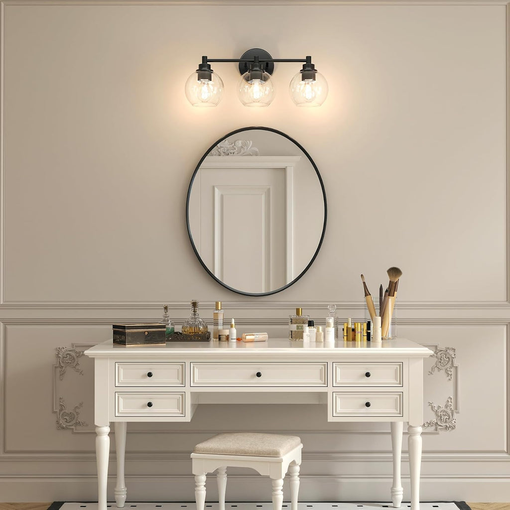 3 Light Bathroom Vanity Light Fixtures, Black Finish | Globe Glass Shades, E26 Sockets, Easy to install, Vanity