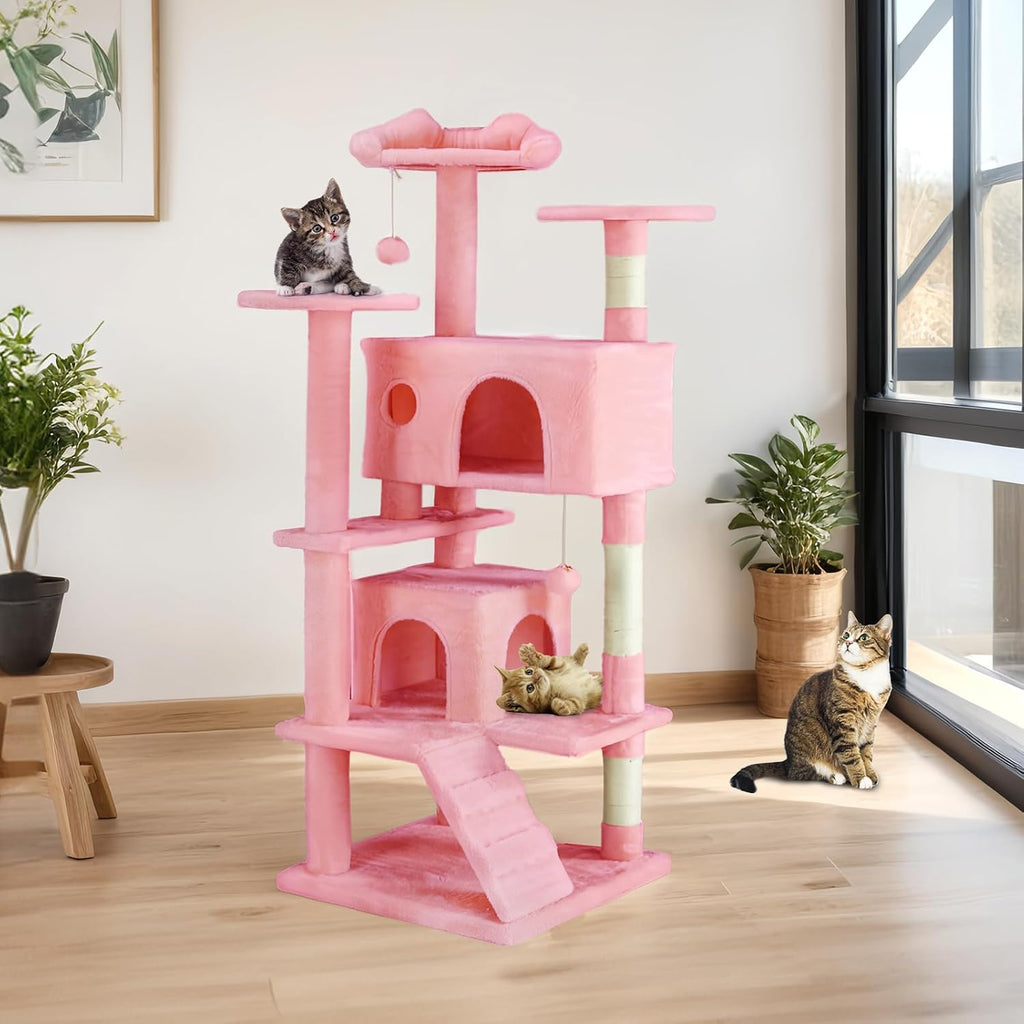 54 Inch Cat Tree Tower, Multi-Level with Cat Scratching Post, Indoor Cat Condo with Climbing Ladder, Plush Toy