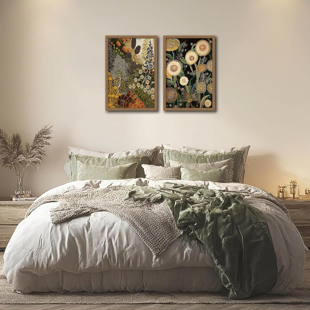 Dandelion Wall Art,(2 Pieces) Boho Botanical Floral Canvas Prints, Framed Vintage Plant Art Decor, Ready to Hang Wall