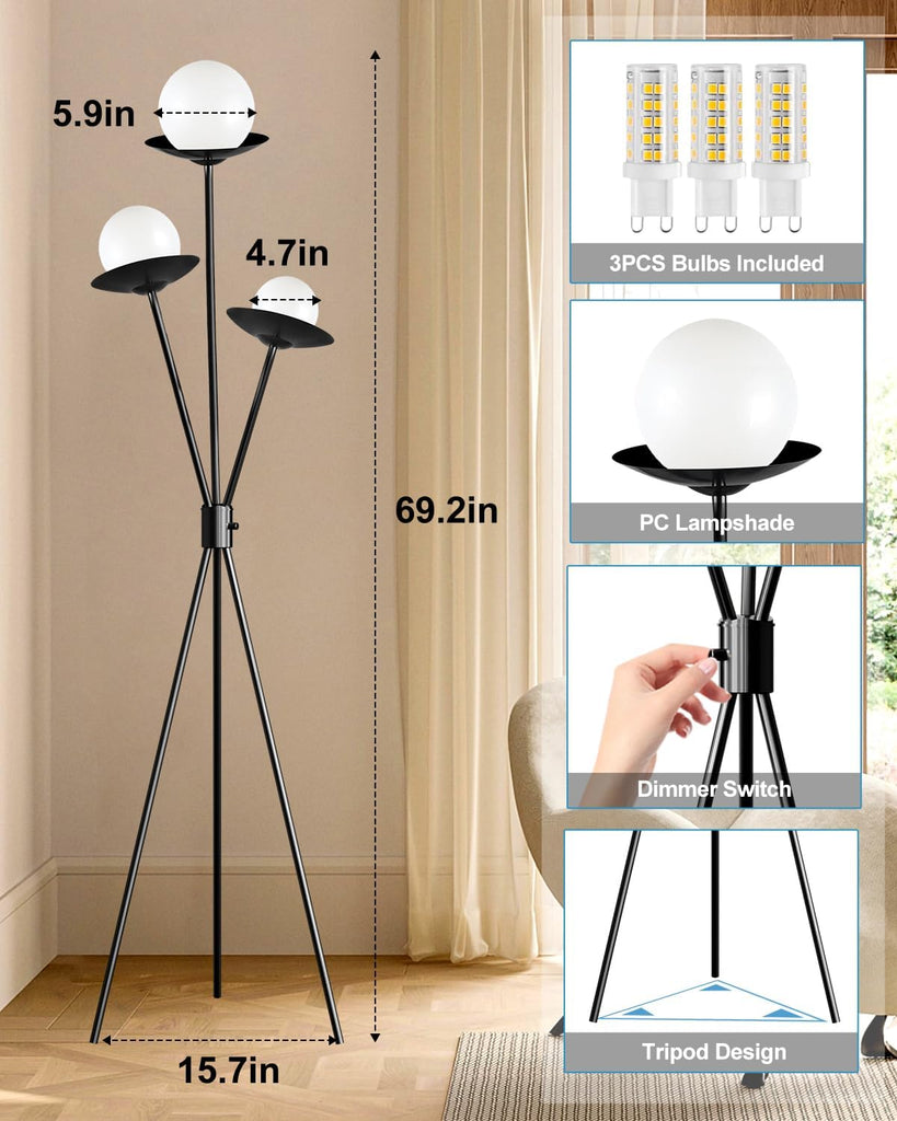 3 Globe Dimmable Tripod Floor Lamp, Mid Century Tree Floor Lamps with 3Pcs 3000K Bulbs Included