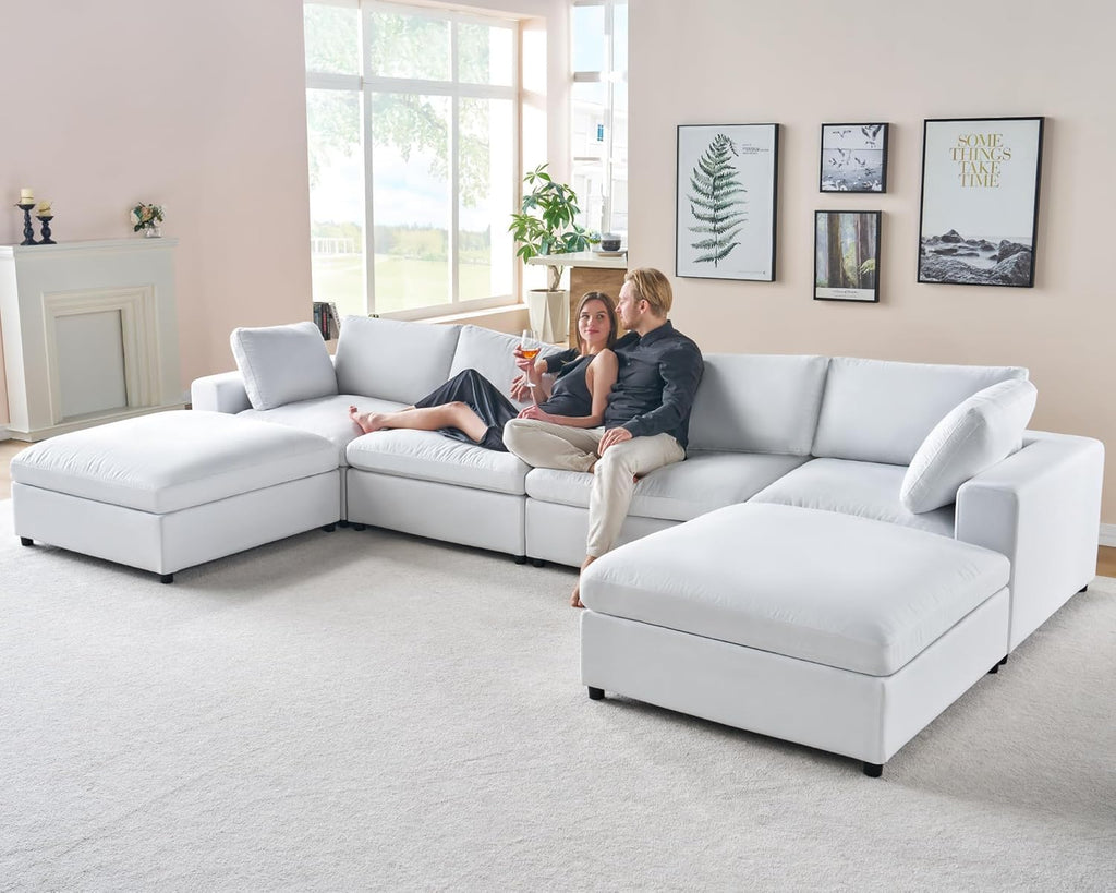 152" Modular Sectional Sofa, 6 Seats U Shaped Cloud Couch, White Linen