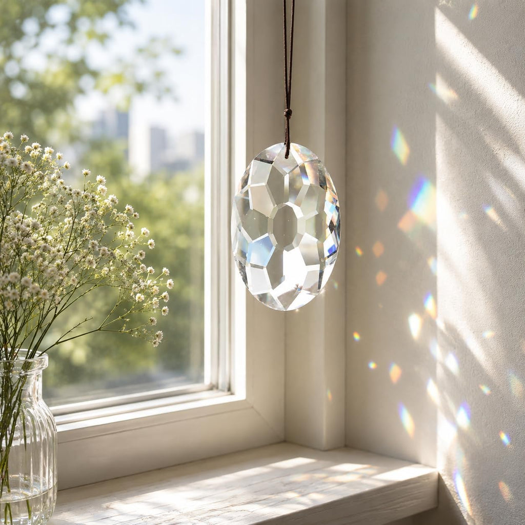3.5 Inch Oval Crystal Prism Suncatcher, Clear Rainbow Maker - Clear Faceted Crystal Design, Window Hanging Pendant