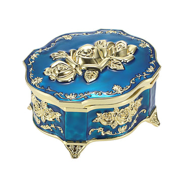 Vintage Music Box, Blue Metal Musical Jewelry Box Keepsake Box, Small Trinket Storage Organizer Jewelry Storage Box
