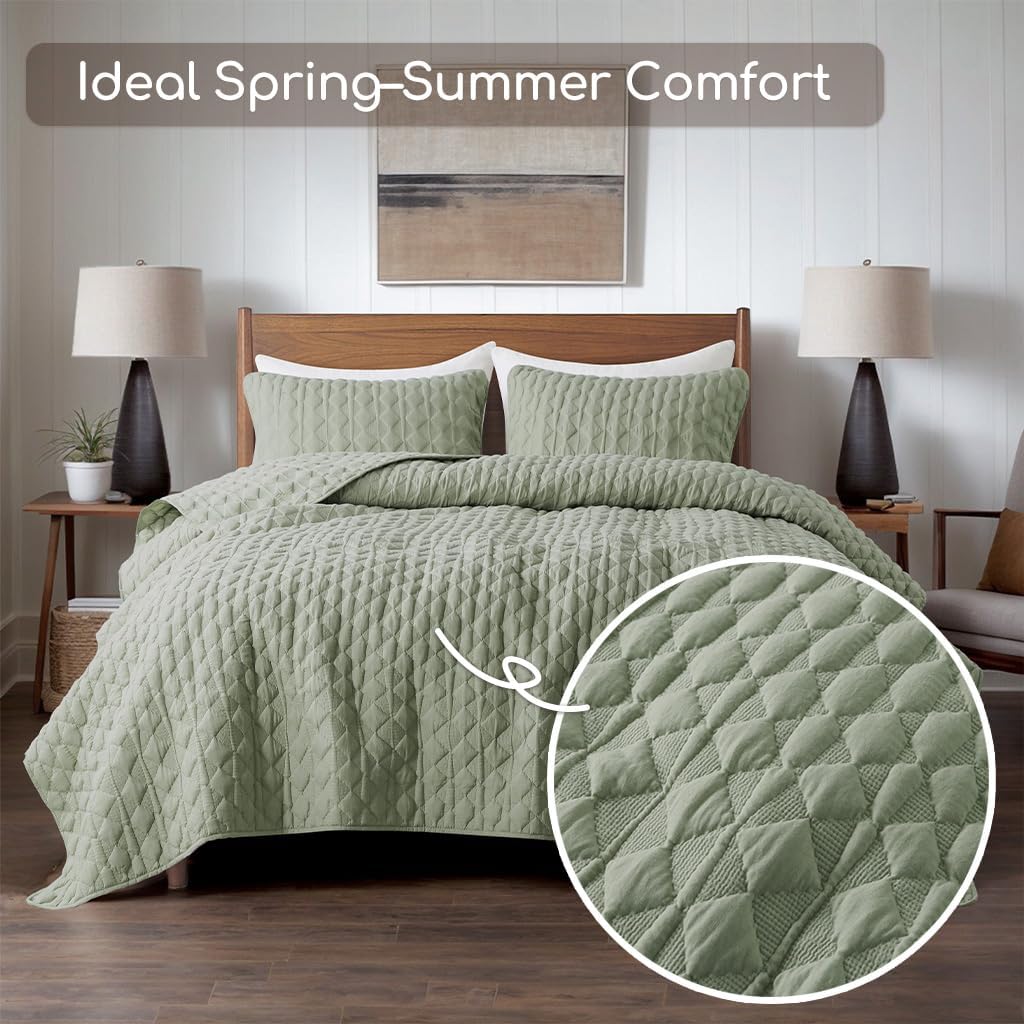 Sage Green Quilt Bedding Sets with Pillow Shams, Lightweight Soft Bedspread Coverlet, Quilted Blanket Thin