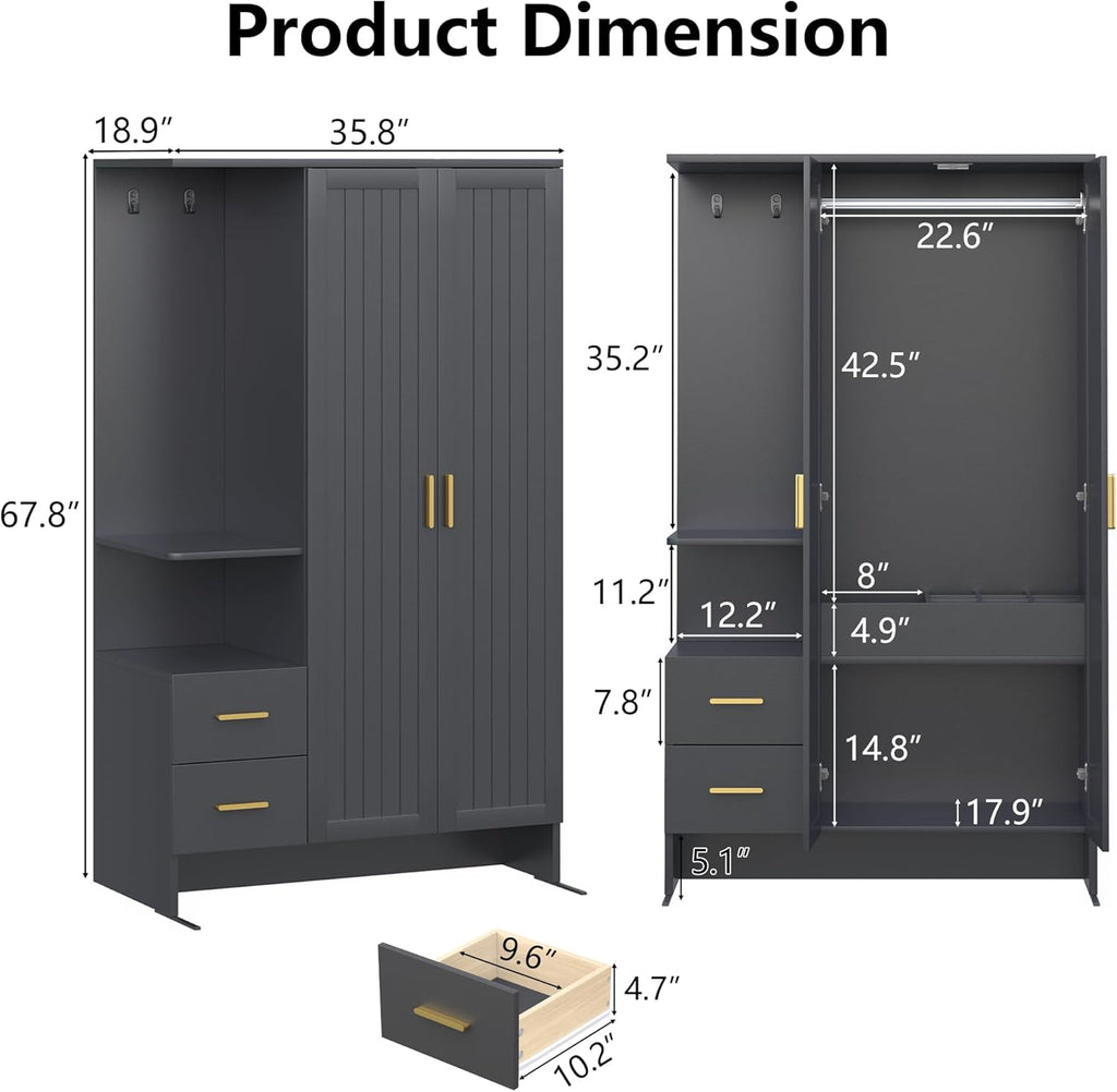 Modern Wardrobe Closet with 2 Doors & 2 Drawers, 67.8" Tall Armoire Wardrobe with Open Shelves, Freestanding Wardrobe
