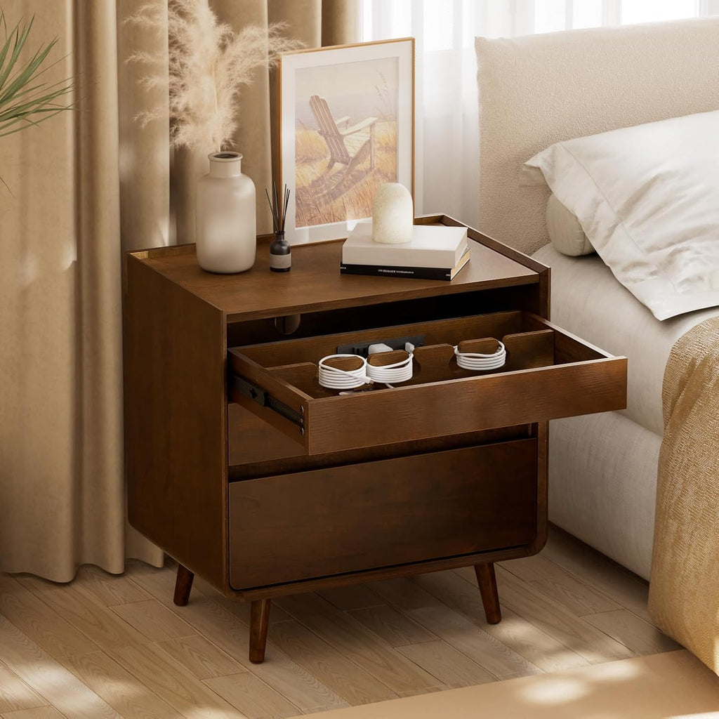 25.43" Walnut Finish Nightstand with Charging Station Mid Century Modern Night Stand with Leg Wood Bedside Table with