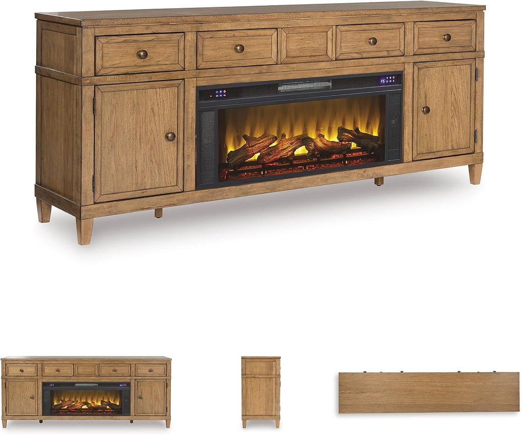 81" TV Stand with Electric Fireplace for TVs up to 93", Light Brown