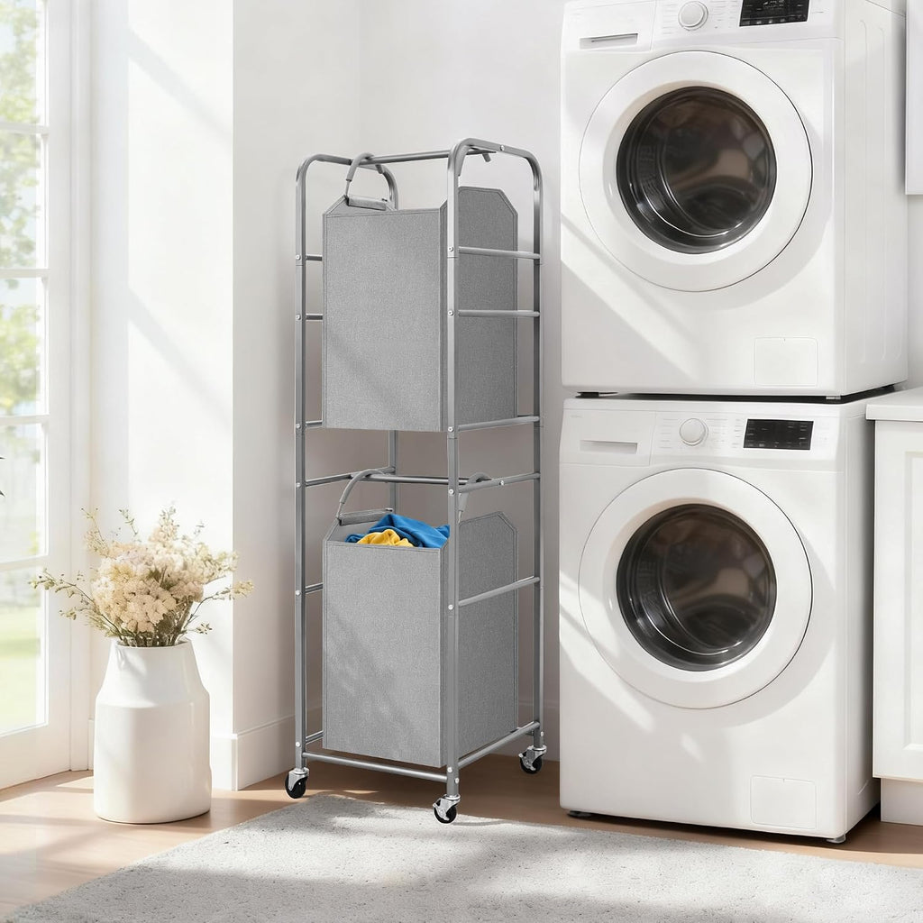 2 Tier Vertical Laundry Hamper, 2 Section Laundry Sorter with 2 Removable Tote Bags, Rolling Clothes Basket for