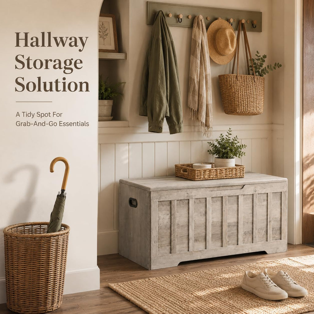 47.2" Storage Chest , Extra Large Wooden Storage Trunk with 2 Safety Hinges, Entryway Storage Bench, Blanket Chest