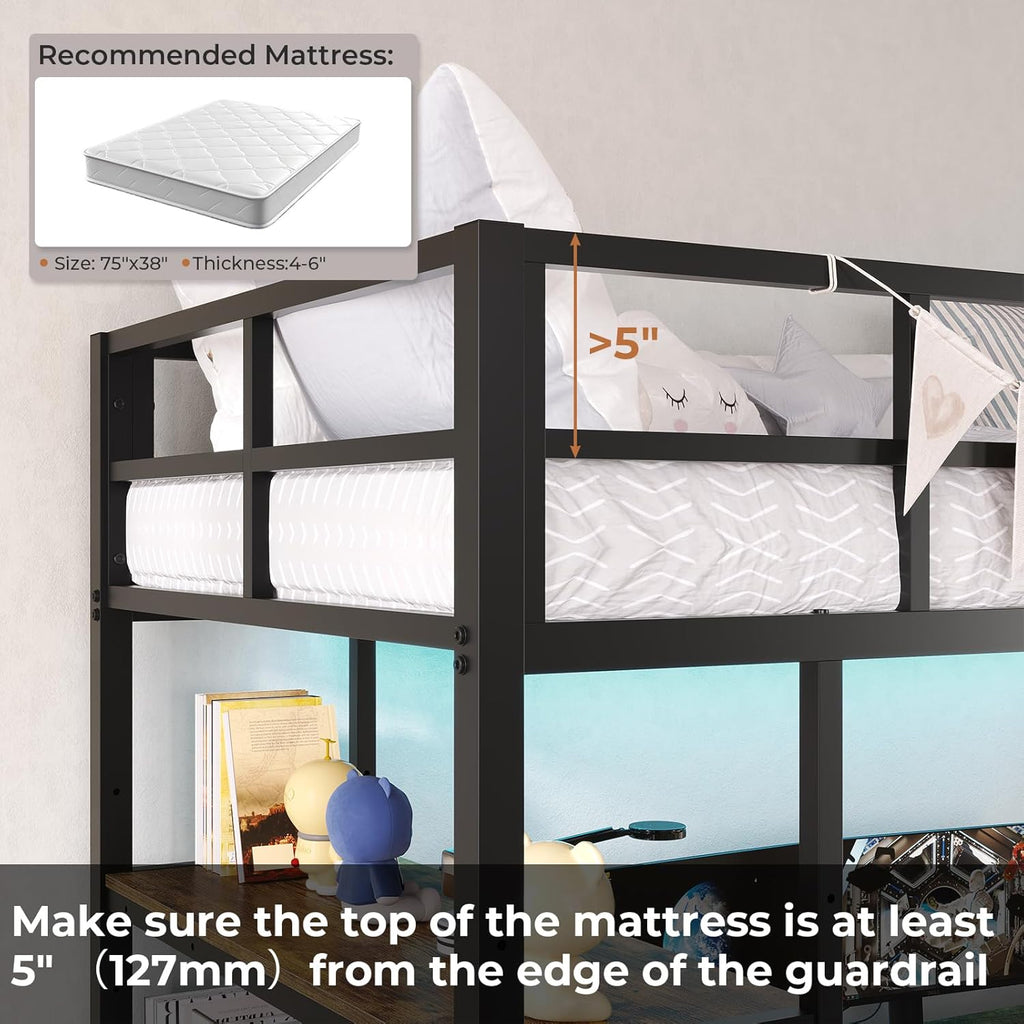 Twin Loft Bed with L-Shaped Desk, LED Lights,Charging Station LED Metal Kids Loft Bed Twin with 3 Storage Shelves and