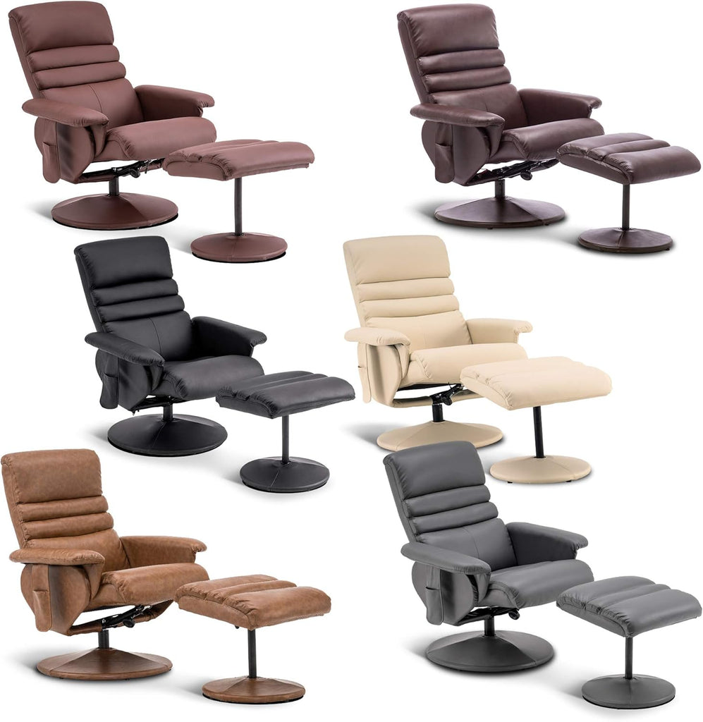 Modern Reclining Swivel Lounge Chair and Ottoman — Brown Faux Leather