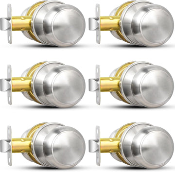Brushed Nickel Door Knob, 6 Pack Round Keyless Doorknobs Interior Lockset