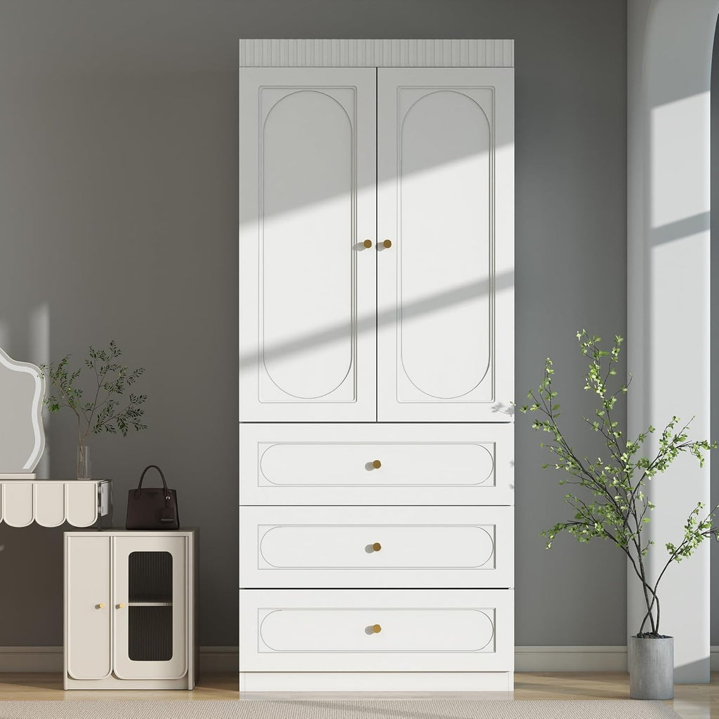 Armoire Wardrobe Closet with Drawers: 74" Tall White Wardrobe Closet with Doors, Large Bedroom Armoires for Clothes