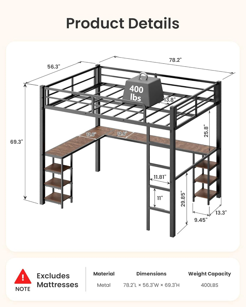 Full Loft Bed with Desk & Open Shelves, Heavy Duty Metal Bed Frame with Safety Guardrails & Ladder