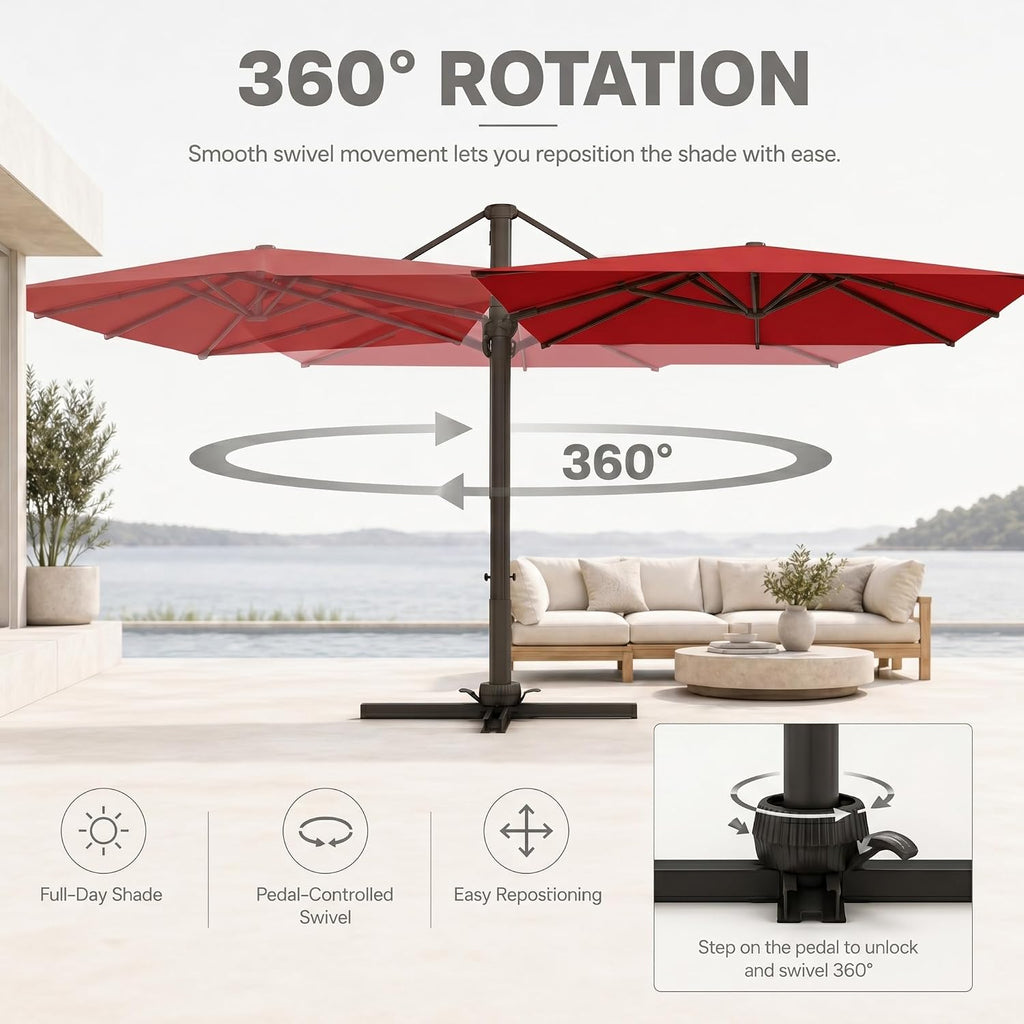 Cantilever Patio Umbrella, Large Square Outdoor Offset Umbrella with Aluminum Pole, 360-degree Rotation Pool