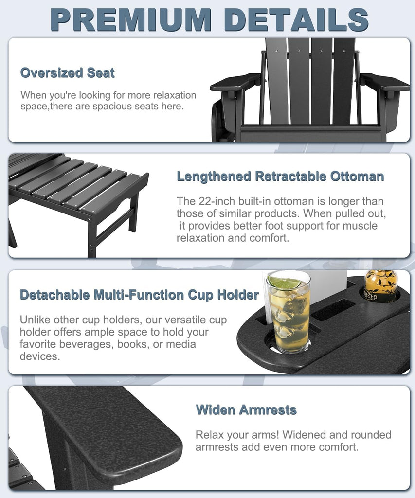 Adjustable Adirondack Chair Set of 2 with Retractable Ottoman, Black | Folding HDPE Chair with Multifunctional Cup