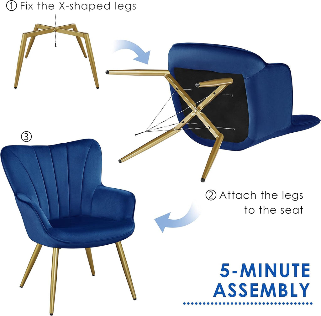 Velvet Accent Chair, Modern Armchair with Wing Side and Metal Legs, Cozy and Soft Padded and High Back /Home