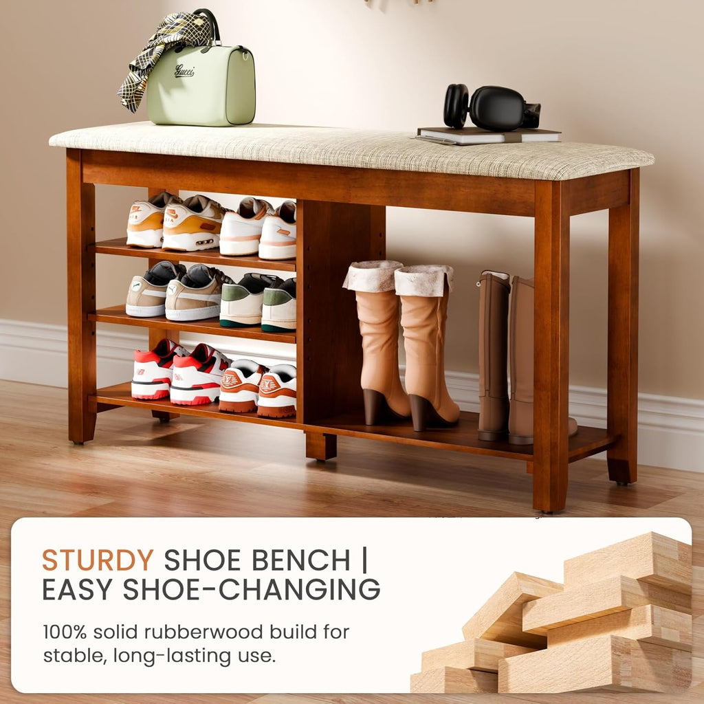 Shoe Rack Bench with Flip-Top Storage, Solid Wood Entryway Bench with Cushion, Adjustable Shelf, Shoe Organizer for