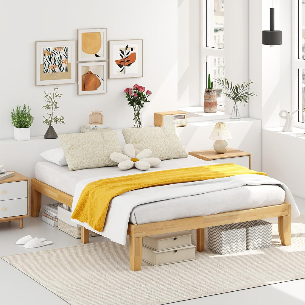 14 Inches Wood Platform Bed Frame Queen, Wooden Mattress Foundation with Rubber Wood Frame, Strong Wooden Slats